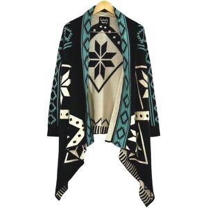 Fantastic Fawn Aztec Wool Cardigan Open Front Duster Sweater Black Turquoise‎ M